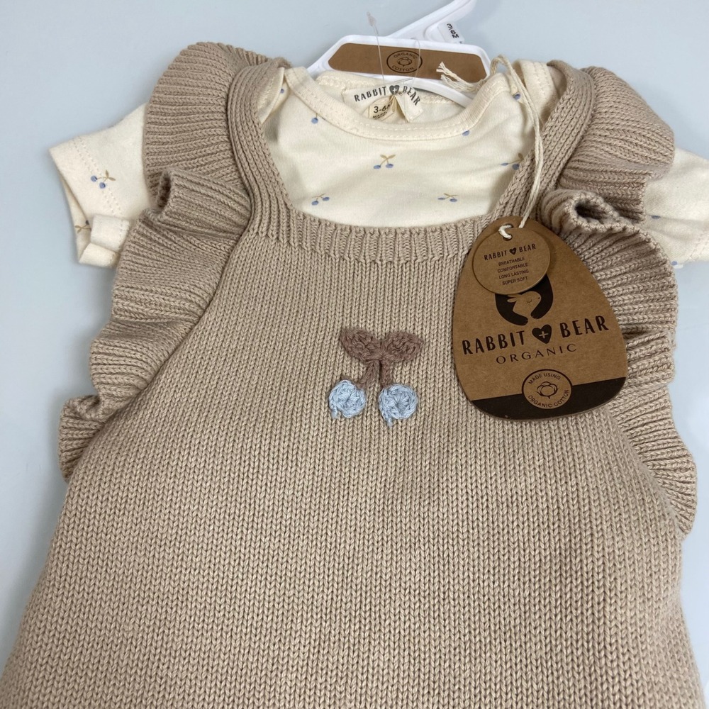 Rabbit + Bear Girls 3-6M Tan Knit Romper Bodysuit Set‎ NEW Organic Cotton Cherry